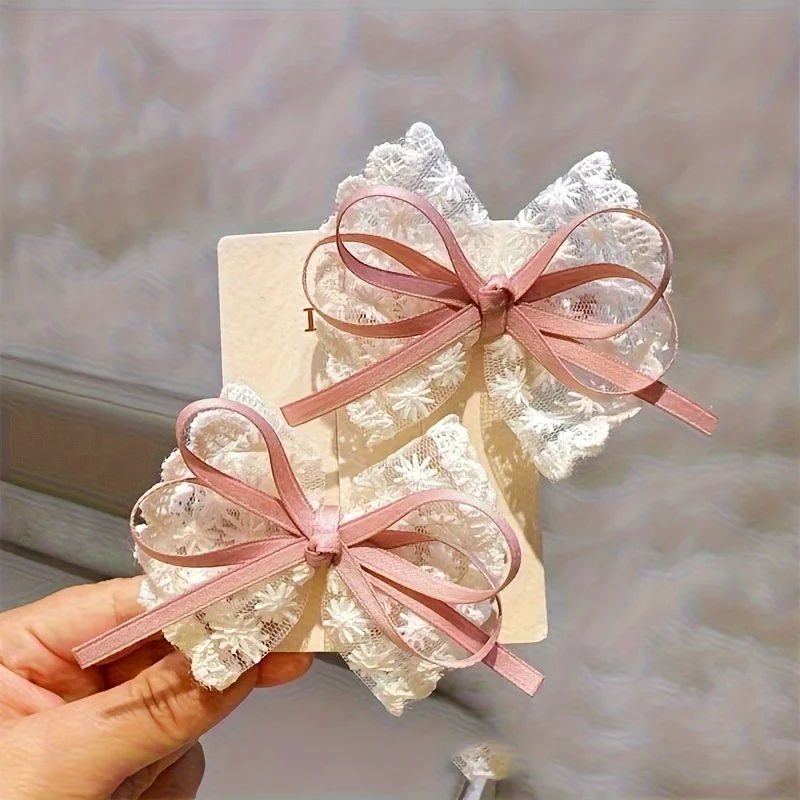 2pcs Korean-style Casual Lace Bow Tie / Korean-style Girl Charm Lace Hairpin / Suitable for Dates, Travel, and Leisure.