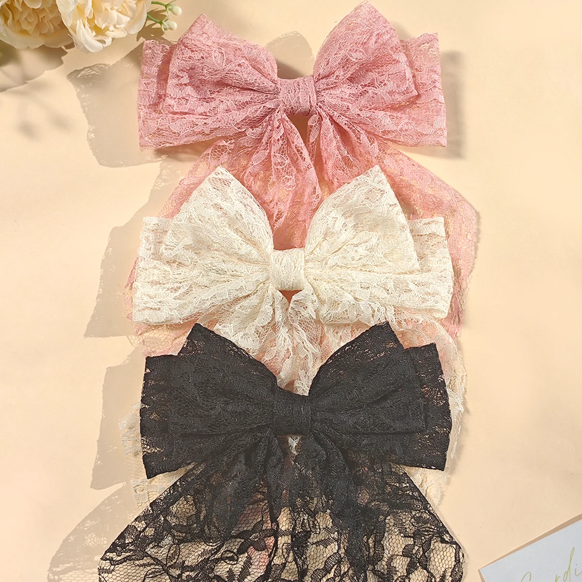 3pcs large fairy butterfly bow duckbill hair clips, featuring long flowing design, delicate lace ribbon and hollow carving. S
