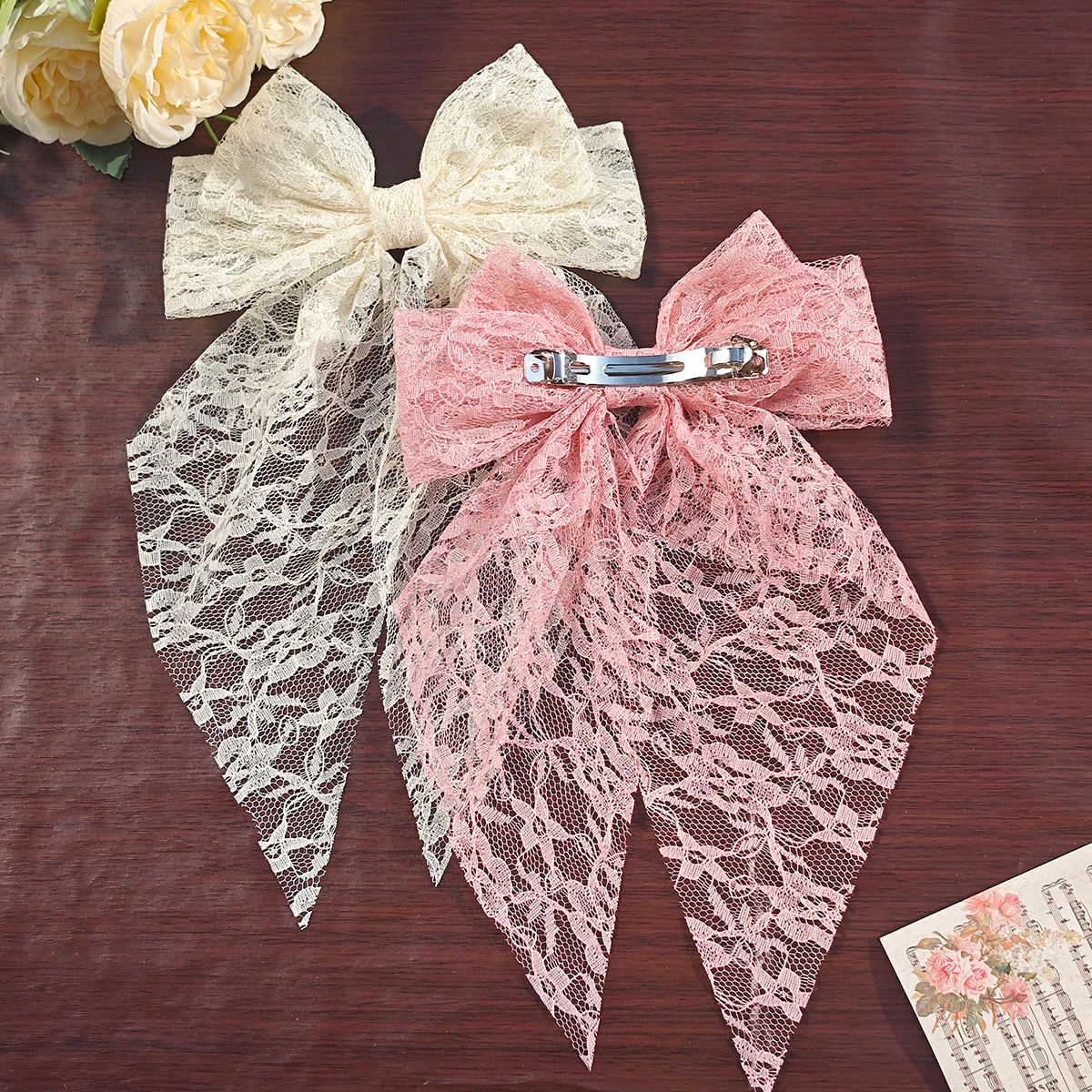 3pcs large fairy butterfly bow duckbill hair clips, featuring long flowing design, delicate lace ribbon and hollow carving. S