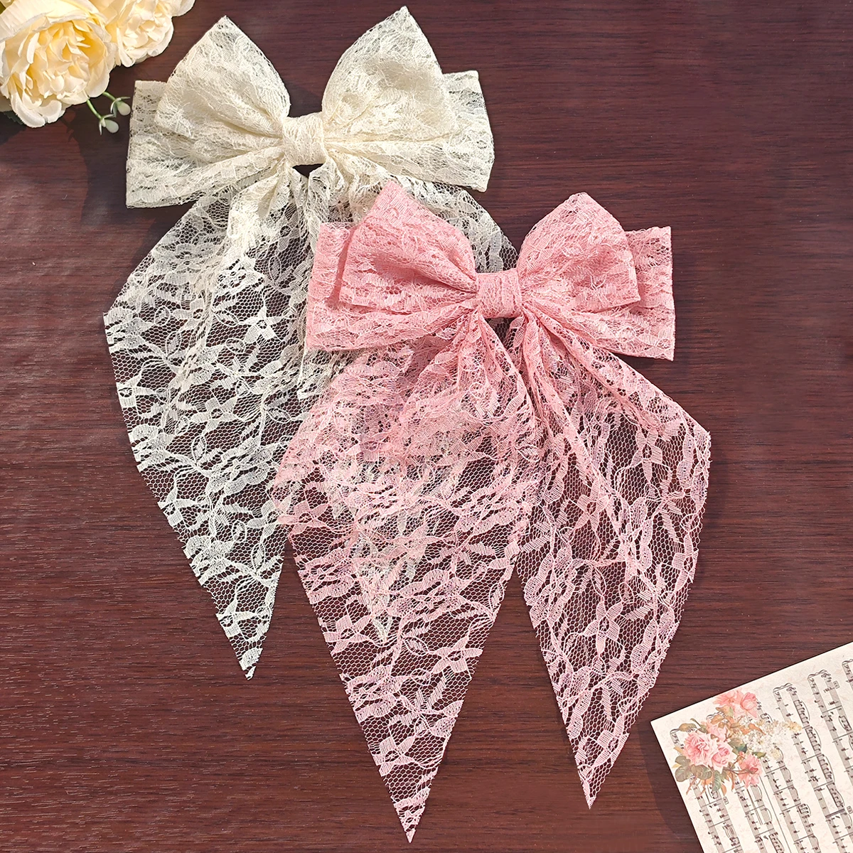 3pcs large fairy butterfly bow duckbill hair clips, featuring long flowing design, delicate lace ribbon and hollow carving. S