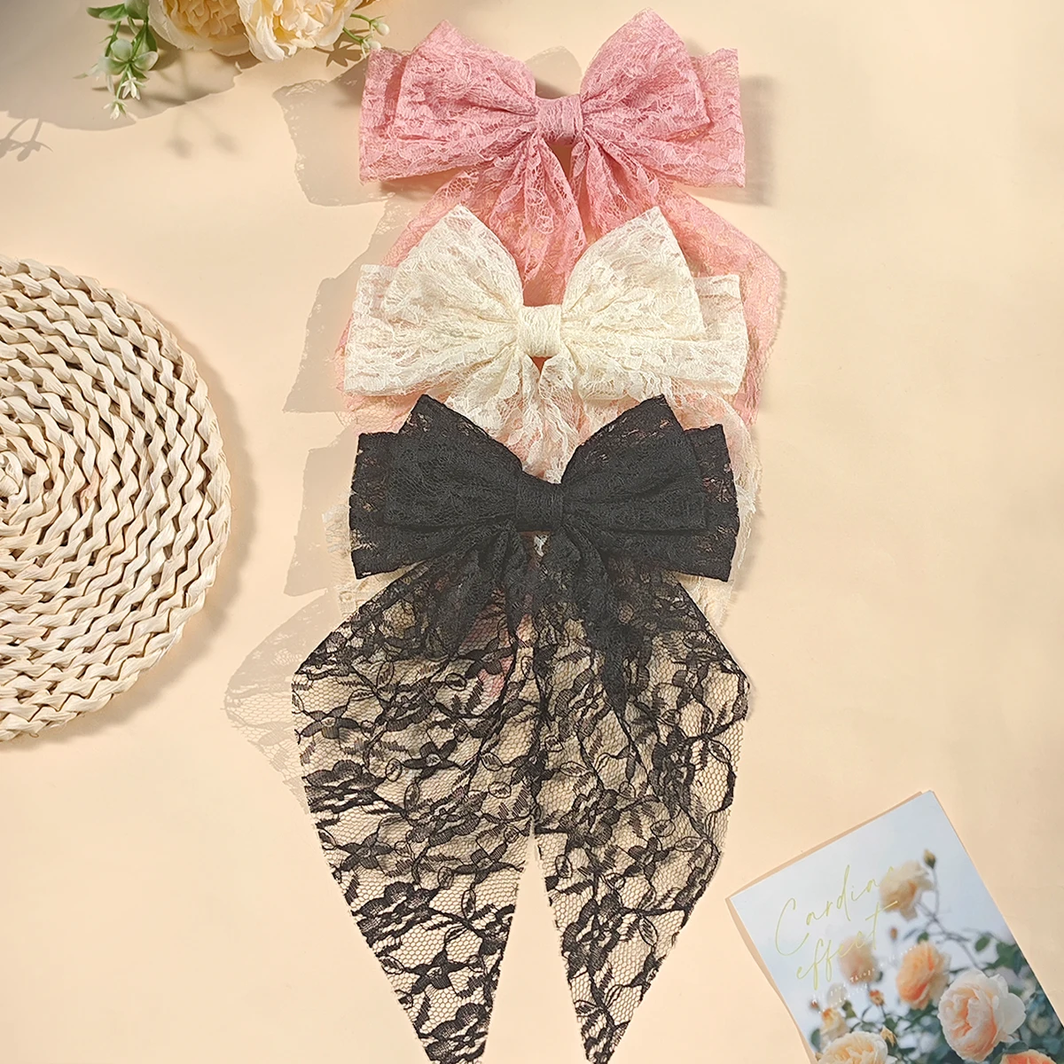 3pcs large fairy butterfly bow duckbill hair clips, featuring long flowing design, delicate lace ribbon and hollow carving. S