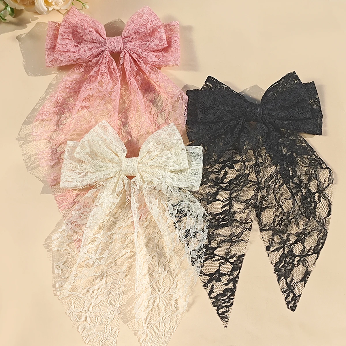 3pcs large fairy butterfly bow duckbill hair clips, featuring long flowing design, delicate lace ribbon and hollow carving. S