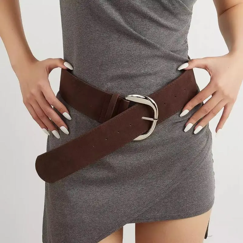 Women Luxury Design Suede Leather Wide Belt Casual Versatile Business Waist Strap Trendy Pin Buckle Waistband