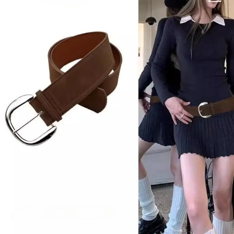Women Luxury Design Suede Leather Wide Belt Casual Versatile Business Waist Strap Trendy Pin Buckle Waistband