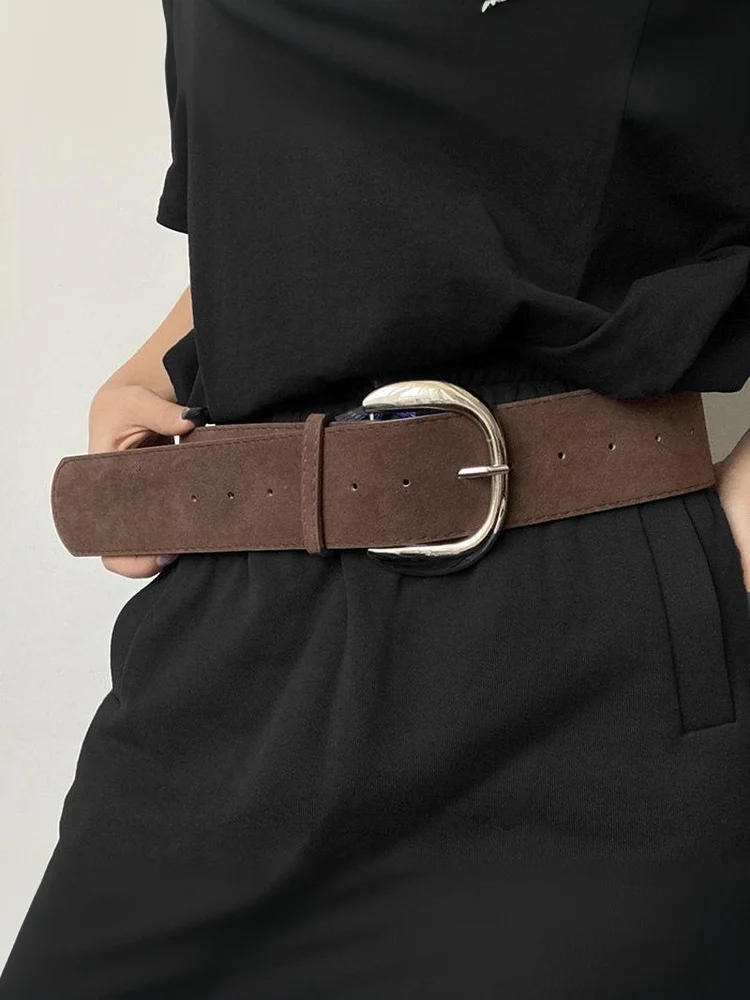 Women Luxury Design Suede Leather Wide Belt Casual Versatile Business Waist Strap Trendy Pin Buckle Waistband