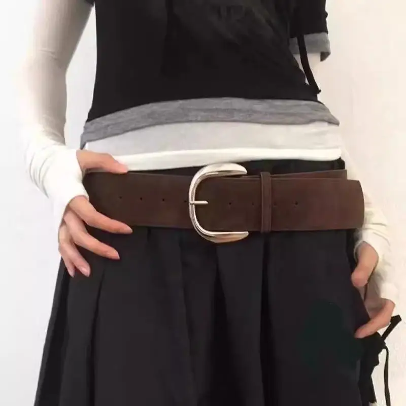 Women Luxury Design Suede Leather Wide Belt Casual Versatile Business Waist Strap Trendy Pin Buckle Waistband