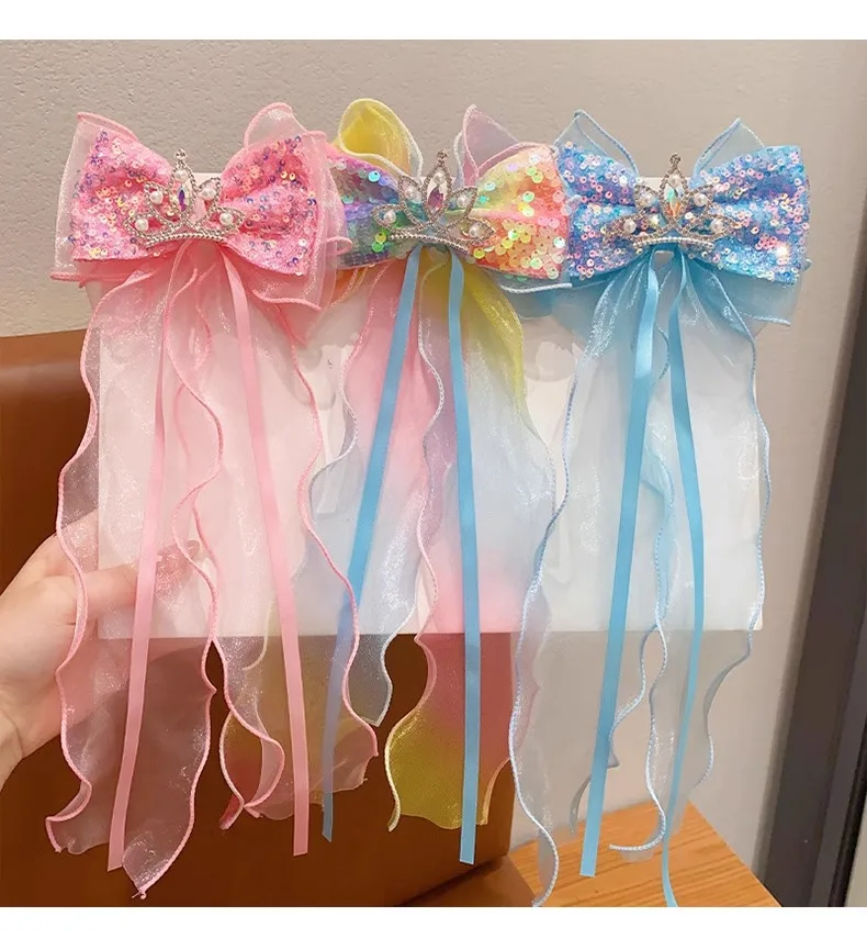Children's Braided Hair Bow Accessories Princess Crown Hairpin Super Fairy Girl Ponytail Streamer Headgear Spring Clip Top