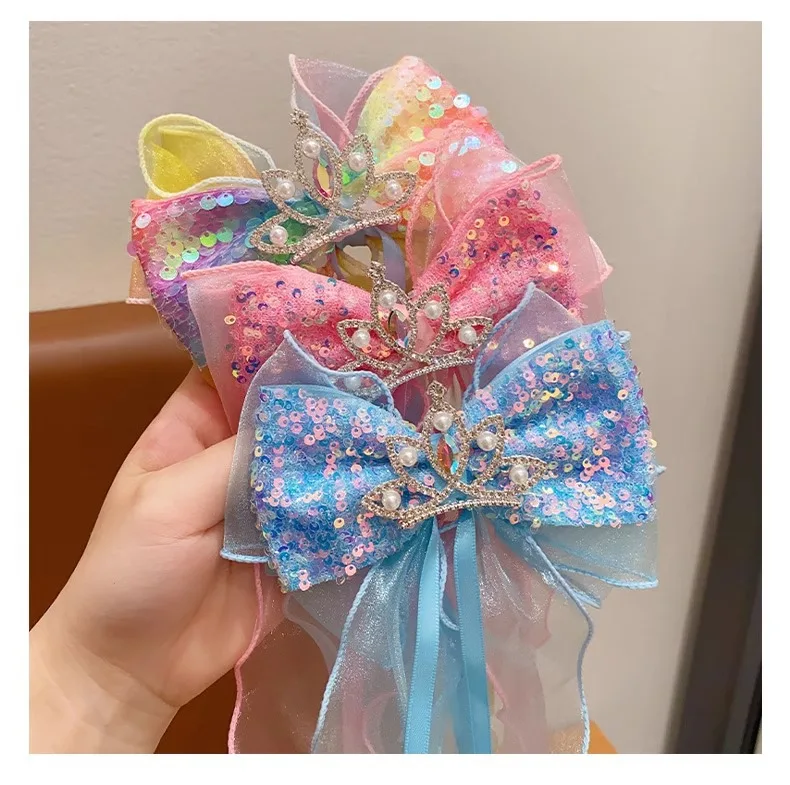 Children's Braided Hair Bow Accessories Princess Crown Hairpin Super Fairy Girl Ponytail Streamer Headgear Spring Clip Top