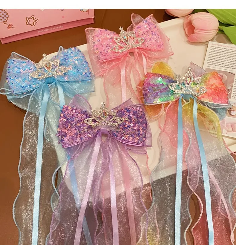 Children's Braided Hair Bow Accessories Princess Crown Hairpin Super Fairy Girl Ponytail Streamer Headgear Spring Clip Top