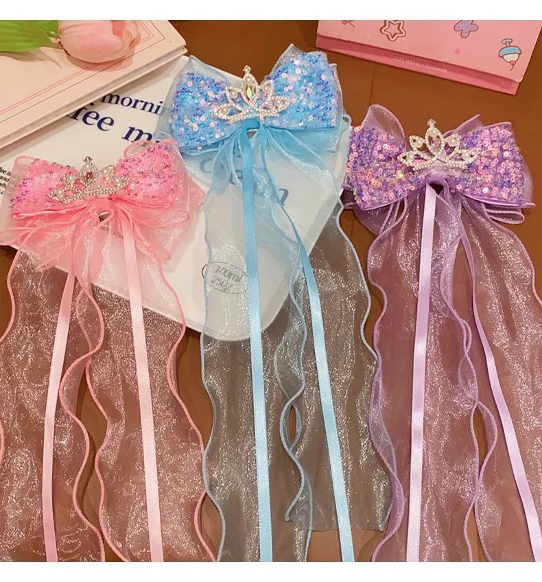 Children's Braided Hair Bow Accessories Princess Crown Hairpin Super Fairy Girl Ponytail Streamer Headgear Spring Clip Top