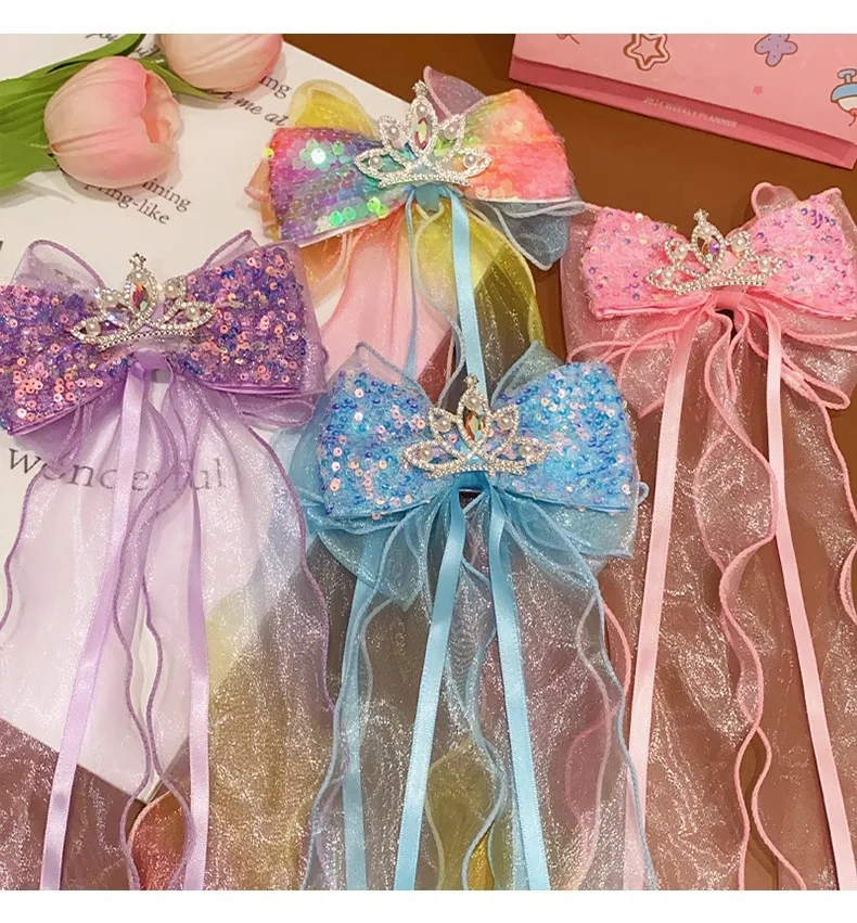 Children's Braided Hair Bow Accessories Princess Crown Hairpin Super Fairy Girl Ponytail Streamer Headgear Spring Clip Top
