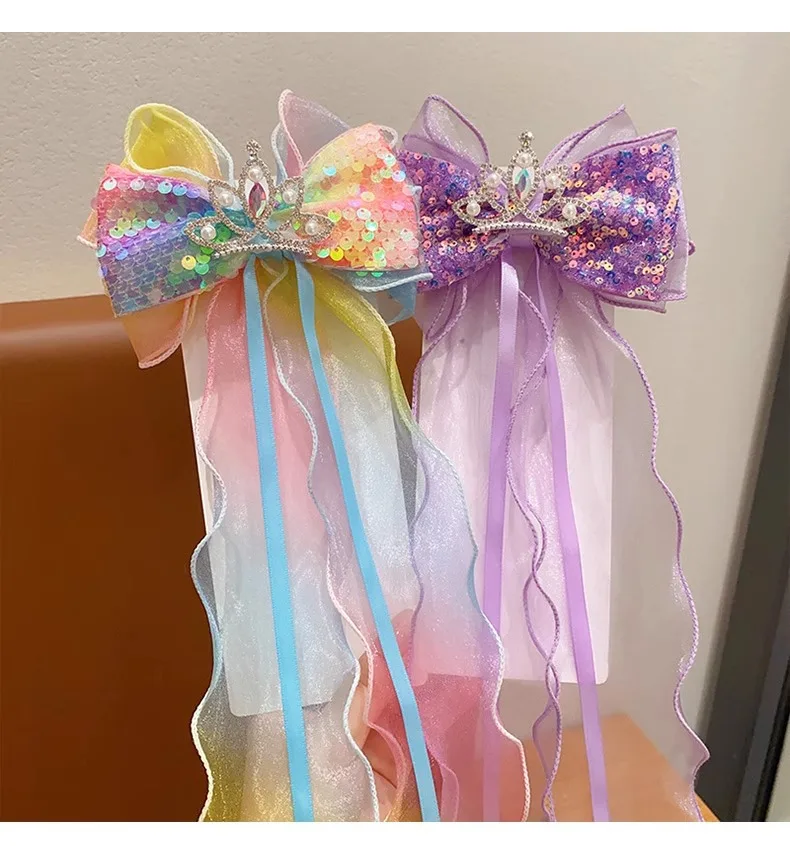 Children's Braided Hair Bow Accessories Princess Crown Hairpin Super Fairy Girl Ponytail Streamer Headgear Spring Clip Top
