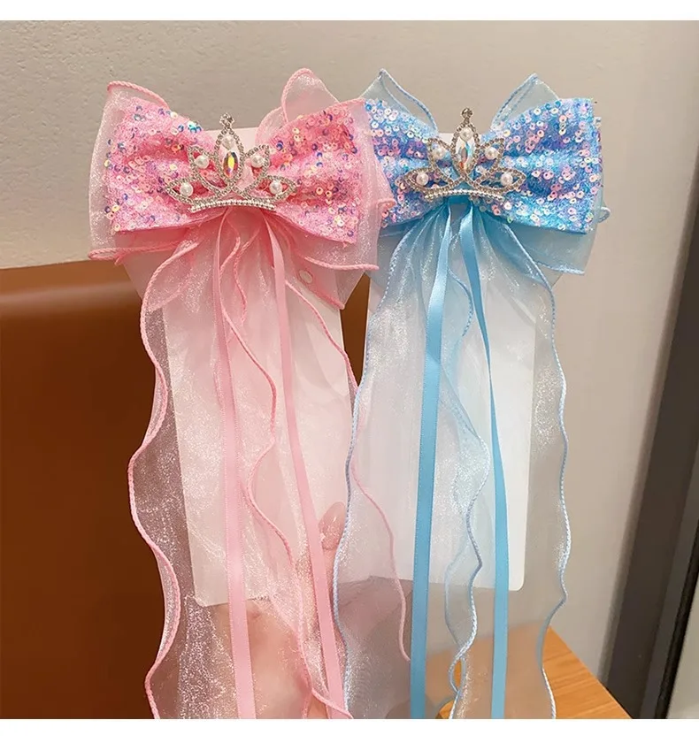 Children's Braided Hair Bow Accessories Princess Crown Hairpin Super Fairy Girl Ponytail Streamer Headgear Spring Clip Top