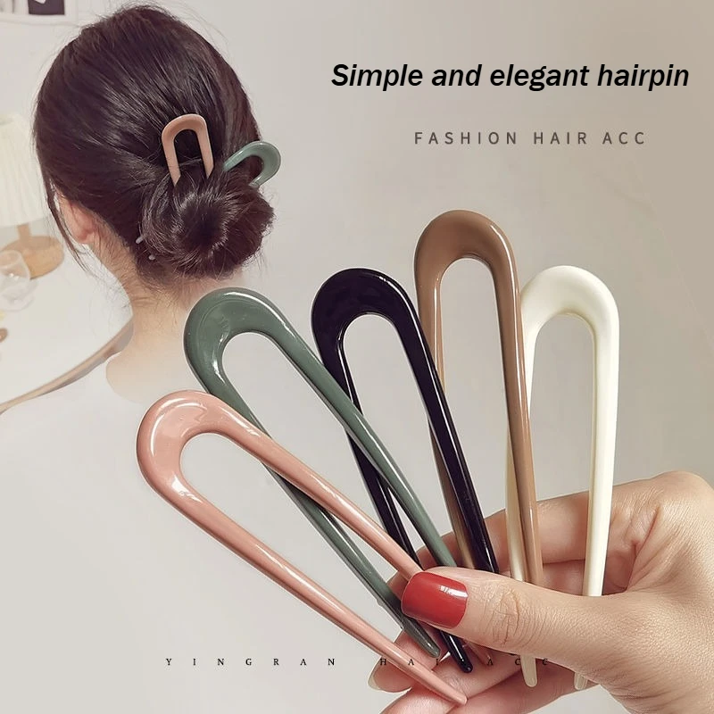 1PC Solid Color U-Shaped Hair Fork Fashion Acetate Hairpin Geometric Design Headwear French Acrylic Sticks Women Girls