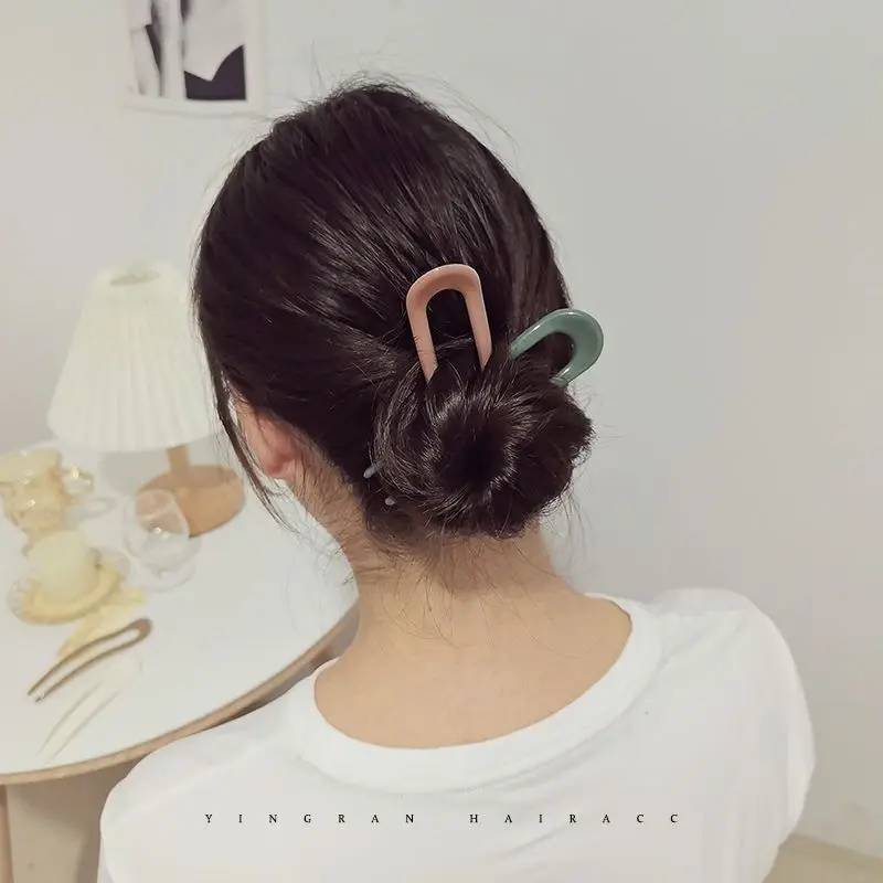 1PC Solid Color U-Shaped Hair Fork Fashion Acetate Hairpin Geometric Design Headwear French Acrylic Sticks Women Girls