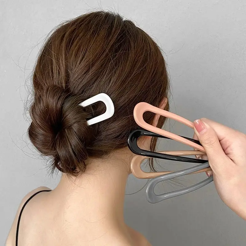 1PC Solid Color U-Shaped Hair Fork Fashion Acetate Hairpin Geometric Design Headwear French Acrylic Sticks Women Girls