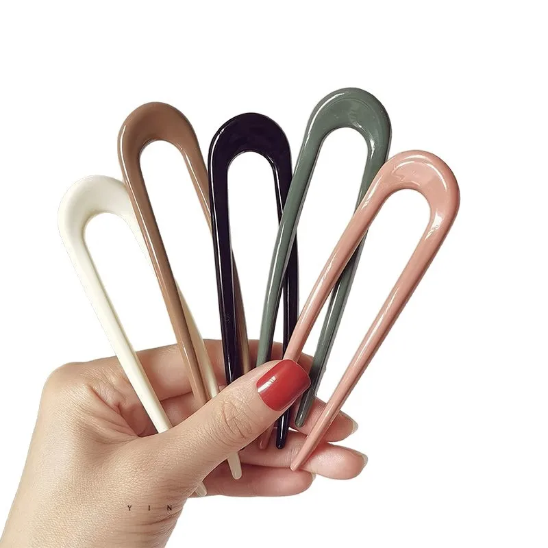 1PC Solid Color U-Shaped Hair Fork Fashion Acetate Hairpin Geometric Design Headwear French Acrylic Sticks Women Girls