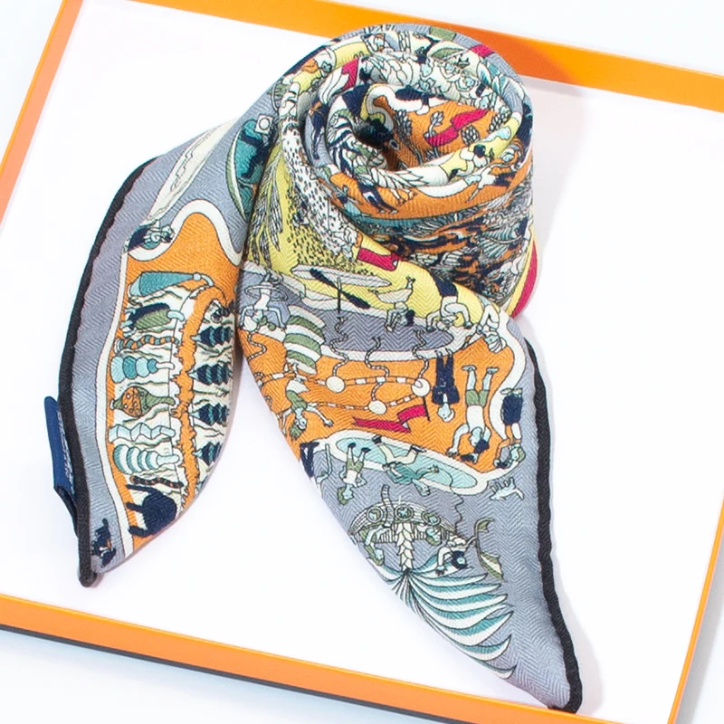 Women's 65cm Square Scarf 30% Silk 70% Wool Blend Whimsical Fantasy Print Soft Warm Breathable Luxury Fashion Accessory
