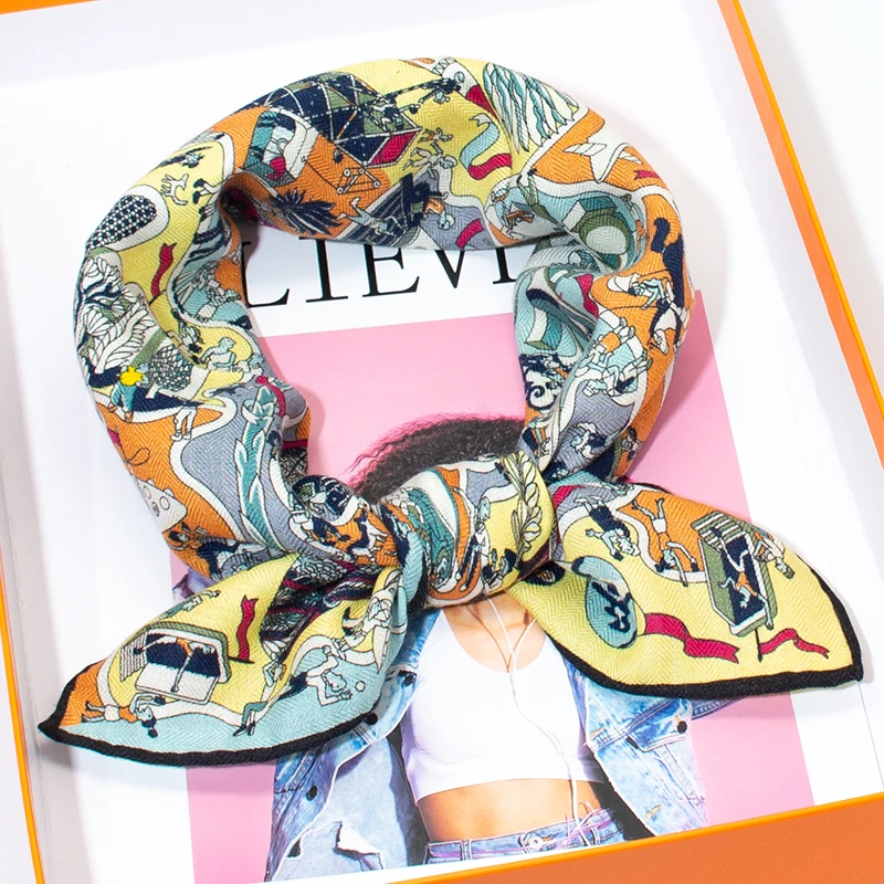 Women's 65cm Square Scarf 30% Silk 70% Wool Blend Whimsical Fantasy Print Soft Warm Breathable Luxury Fashion Accessory