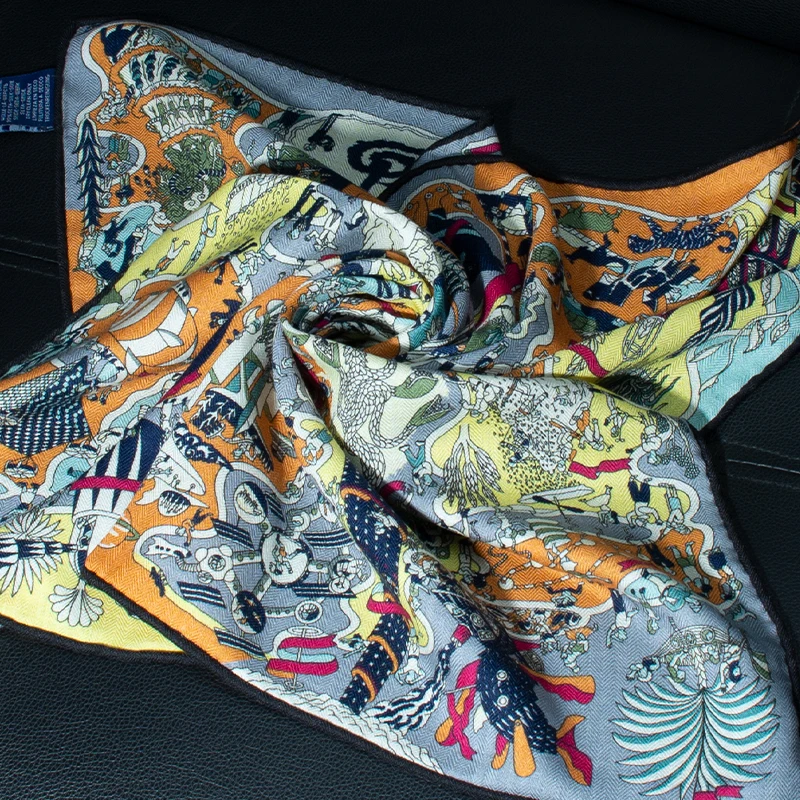 Women's 65cm Square Scarf 30% Silk 70% Wool Blend Whimsical Fantasy Print Soft Warm Breathable Luxury Fashion Accessory