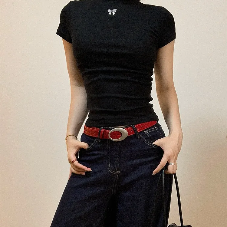Women's American Retro Crocodile Belt, Oval Metal Buckle, Multi-color, For Jeans, Must-have For Vintage Outfits