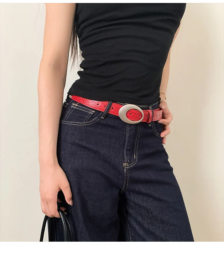Women's American Retro Crocodile Belt, Oval Metal Buckle, Multi-color, For Jeans, Must-have For Vintage Outfits