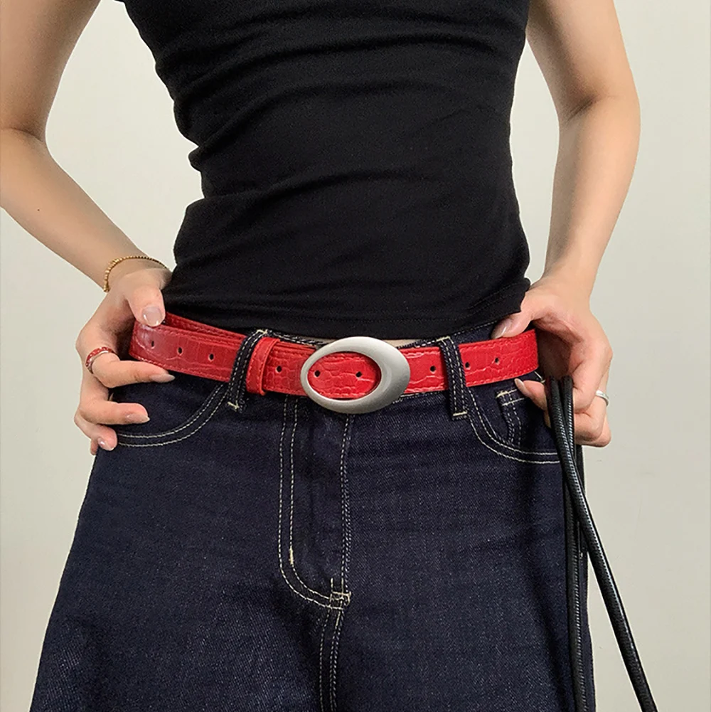 Women's American Retro Crocodile Belt, Oval Metal Buckle, Multi-color, For Jeans, Must-have For Vintage Outfits
