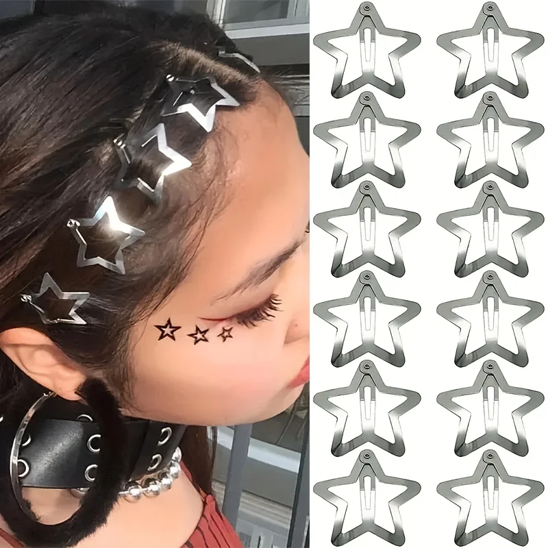 10PCS Star-Shaped Hair Clips Y2K Silver Star Hair Clips for Girls Metal Snap Clip Hairpins Barrettes Hair Grip Jewel Hair Access