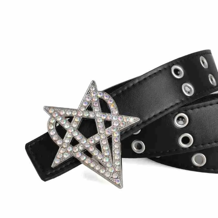 Punk Style Riveted Belt Men Women Y2K Inlaid Rhinestone Stars Buckle Bright Flash Gothic Air Eye Hollowed Vintage Waistband Belt