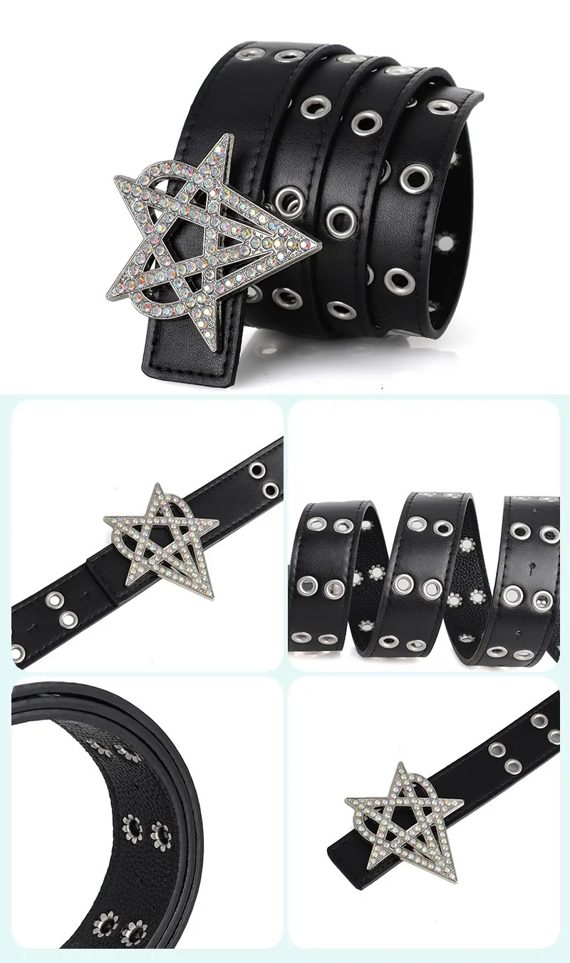 Punk Style Riveted Belt Men Women Y2K Inlaid Rhinestone Stars Buckle Bright Flash Gothic Air Eye Hollowed Vintage Waistband Belt