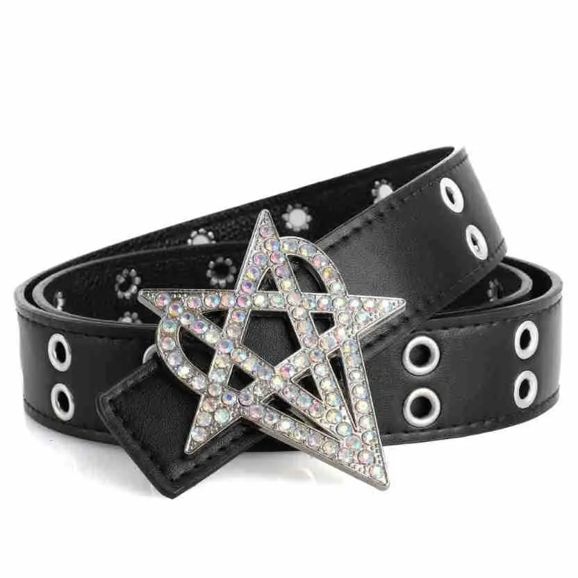 Punk Style Riveted Belt Men Women Y2K Inlaid Rhinestone Stars Buckle Bright Flash Gothic Air Eye Hollowed Vintage Waistband Belt