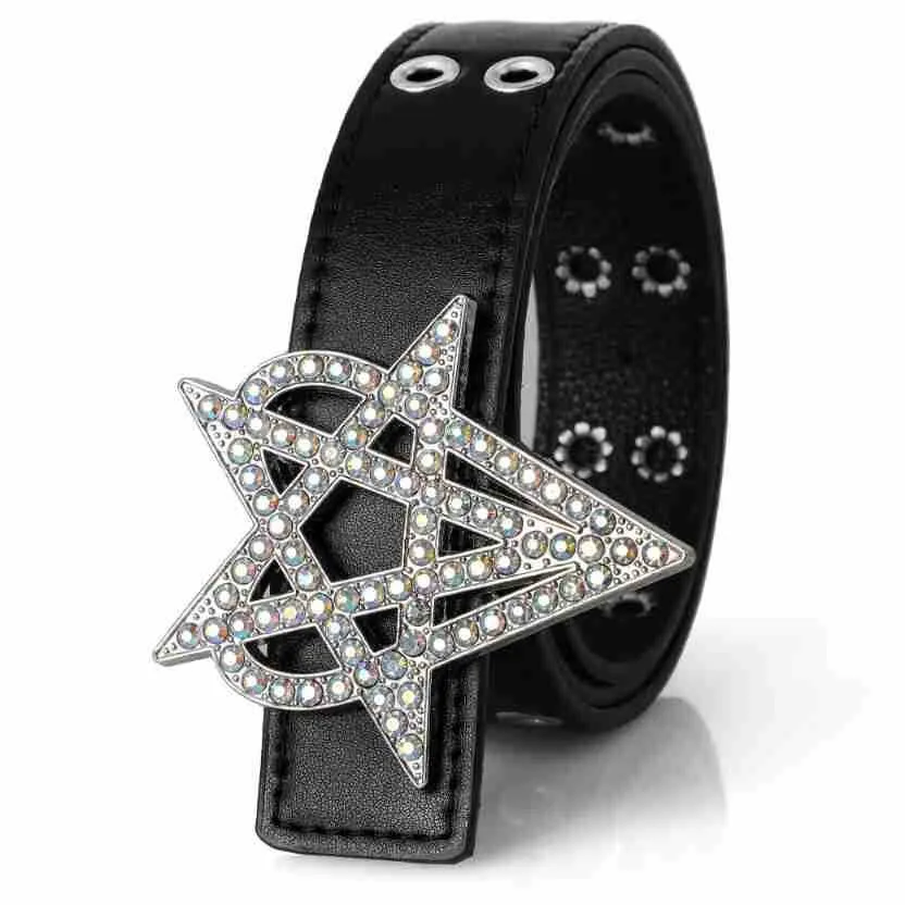 Punk Style Riveted Belt Men Women Y2K Inlaid Rhinestone Stars Buckle Bright Flash Gothic Air Eye Hollowed Vintage Waistband Belt