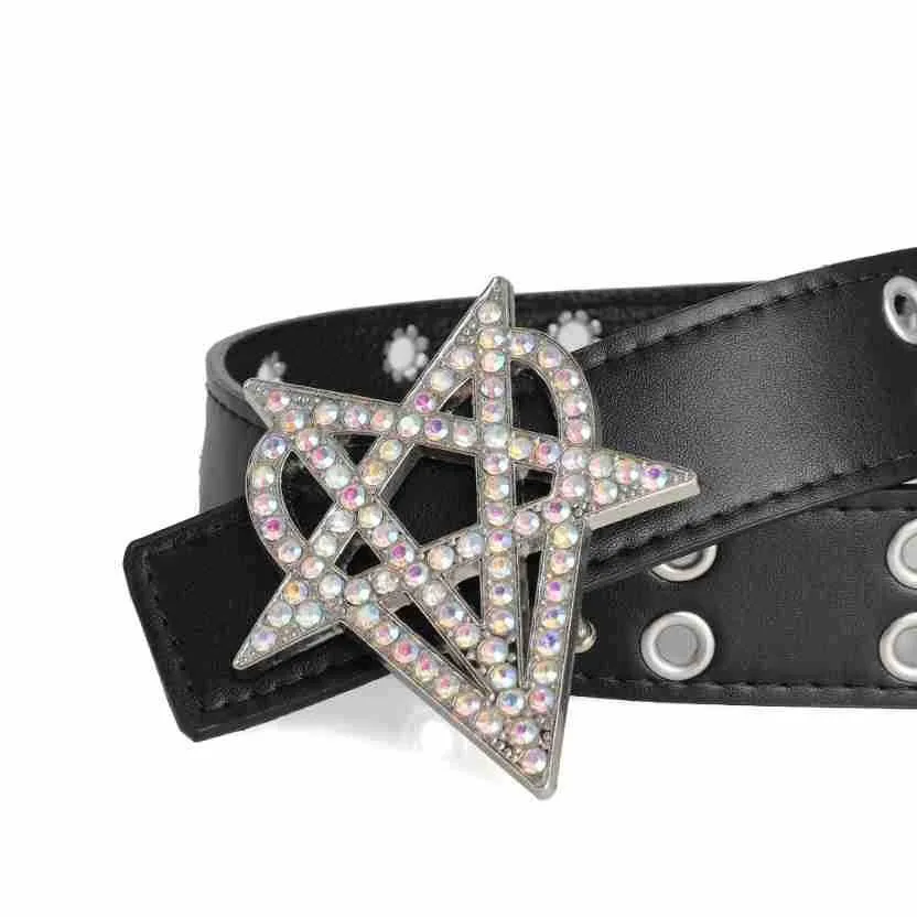 Punk Style Riveted Belt Men Women Y2K Inlaid Rhinestone Stars Buckle Bright Flash Gothic Air Eye Hollowed Vintage Waistband Belt