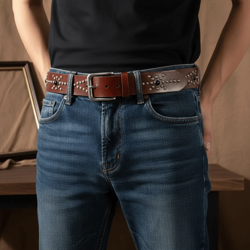 Fashion Rivet Buckle Waist Belt Jeans Style Genuine Leather Jeans Belt Versatile Decorative Belt Men Women