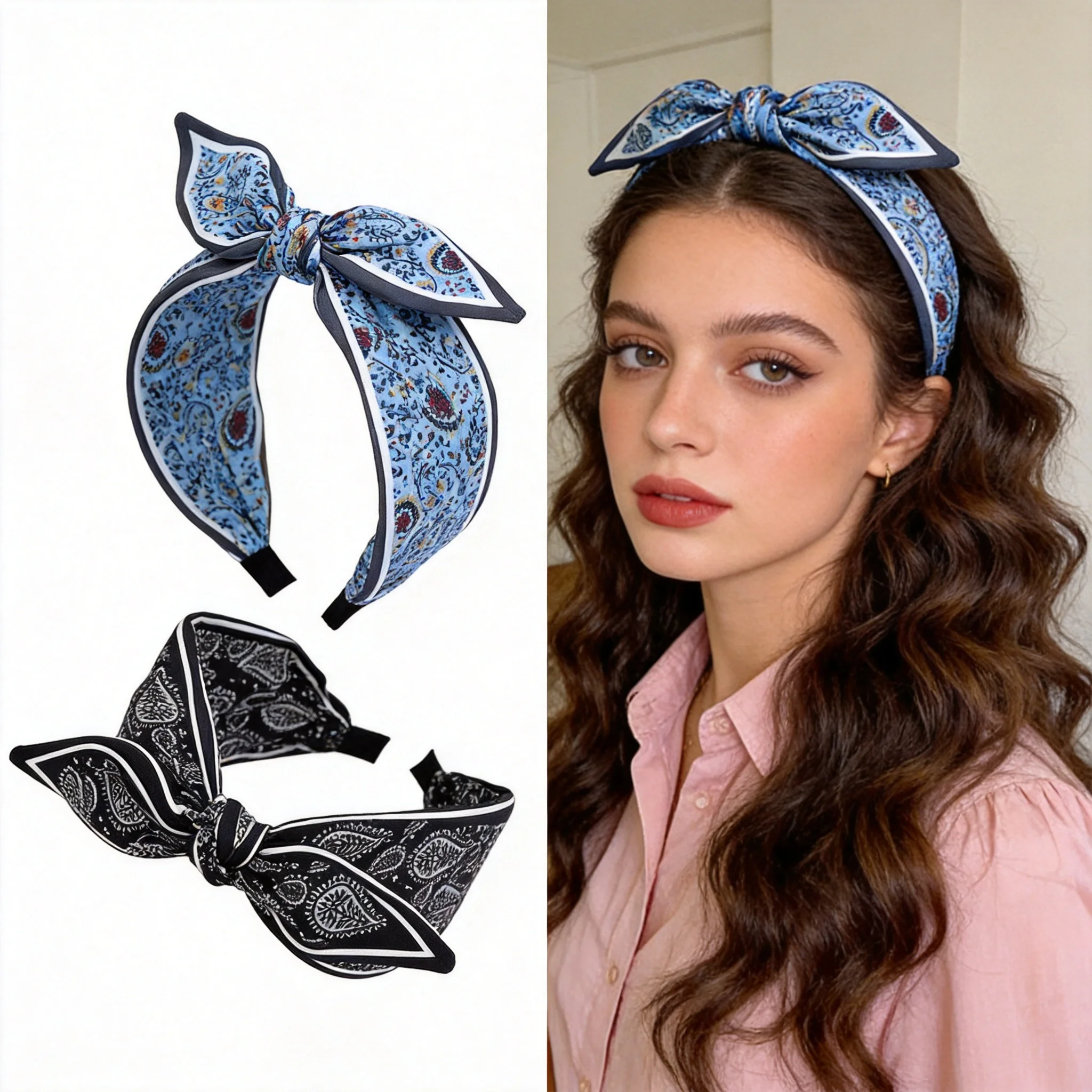 2-Pack Vintage Cashew Flower Bow Headbands, Gentle and Elegant Style, Suitable for Matching with Shirts/Dresses, Daily Outings,