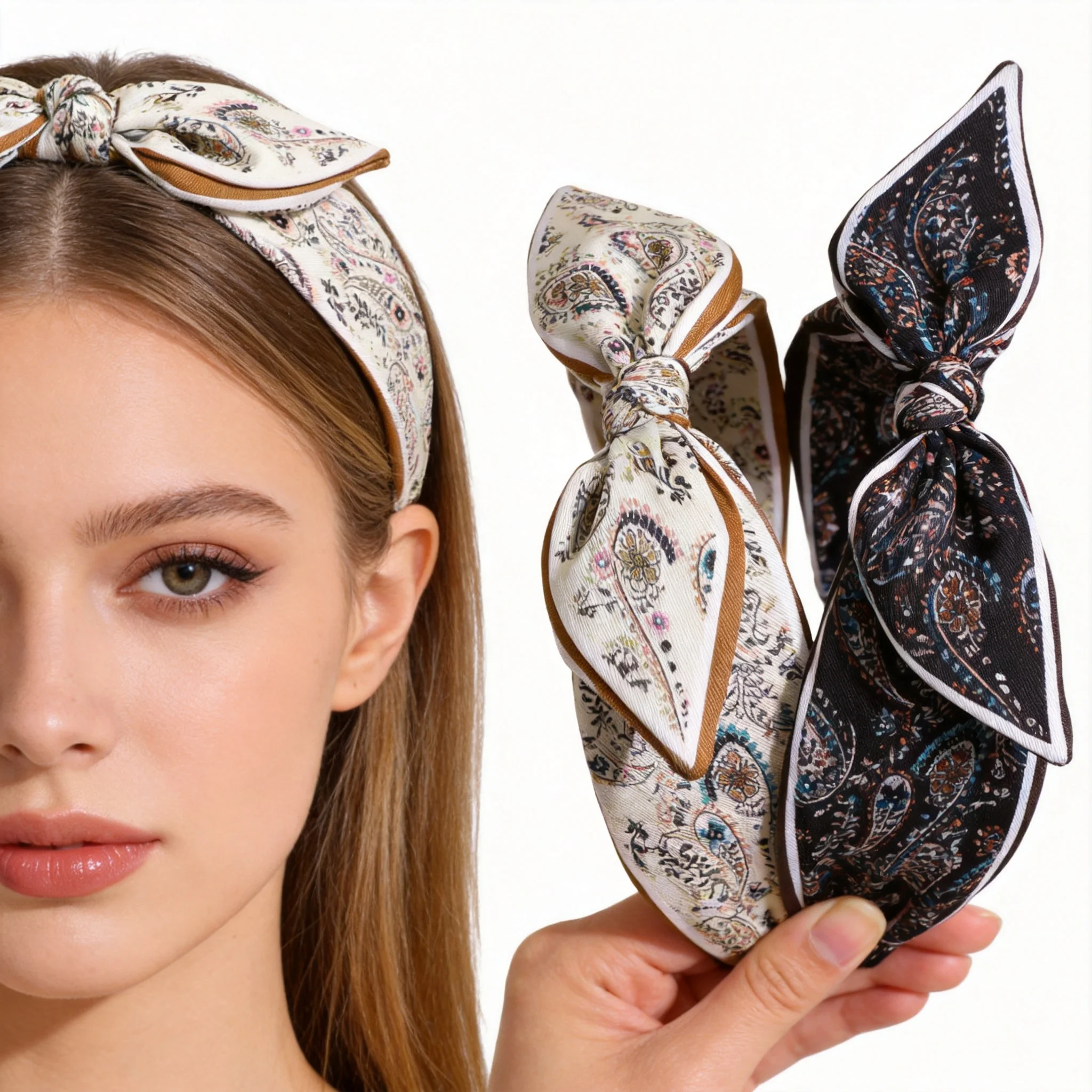 2-Pack Vintage Cashew Flower Bow Headbands, Gentle and Elegant Style, Suitable for Matching with Shirts/Dresses, Daily Outings,