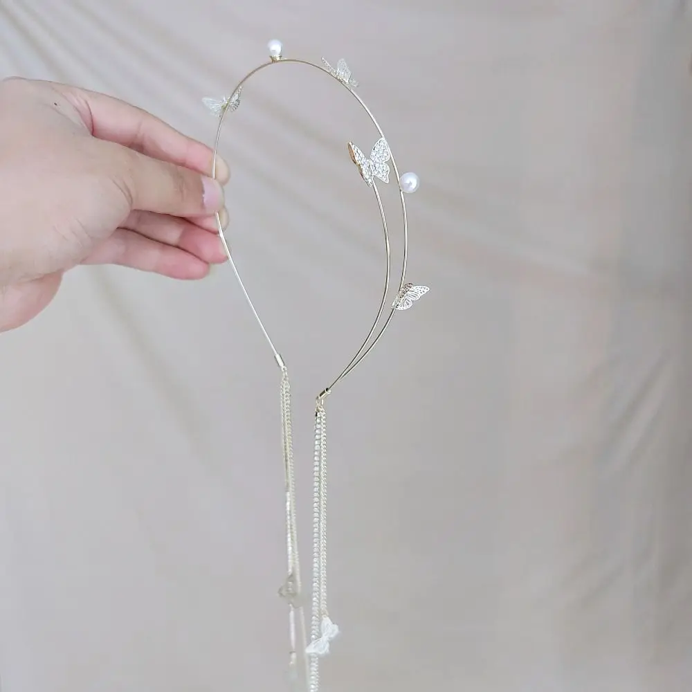Pearl Butterfly Tassel Headband for Women Crystal Rhinestone Handmade Wedding Headdress Headband WomanHair Accessories Tiara