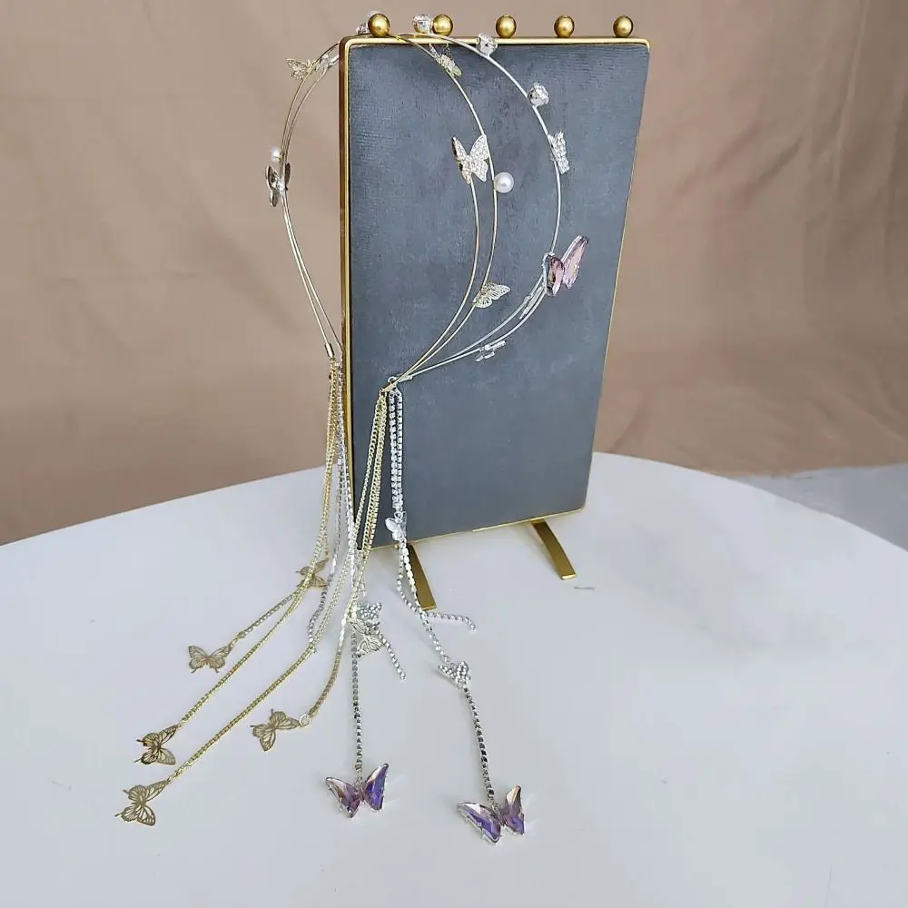 Pearl Butterfly Tassel Headband for Women Crystal Rhinestone Handmade Wedding Headdress Headband WomanHair Accessories Tiara