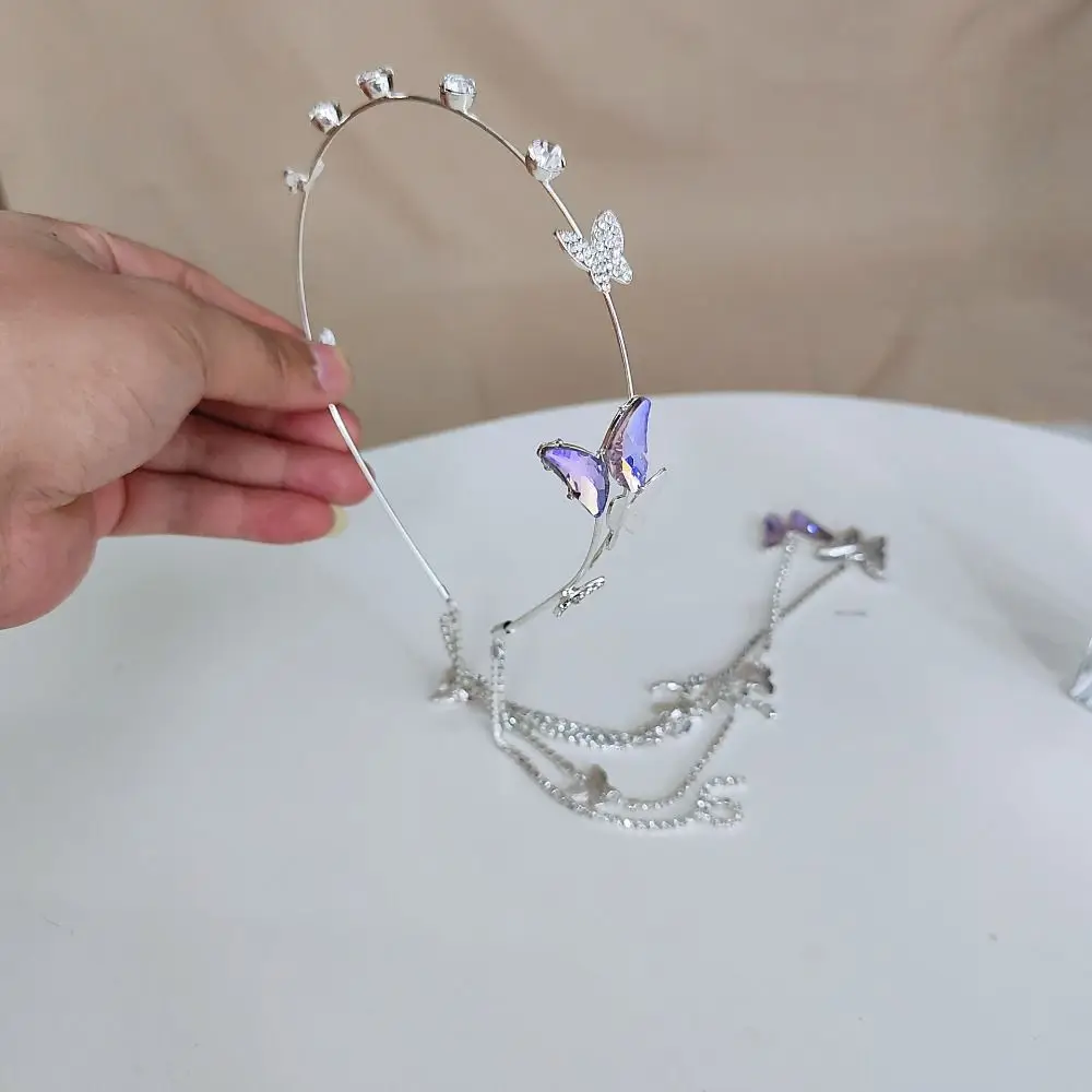 Pearl Butterfly Tassel Headband for Women Crystal Rhinestone Handmade Wedding Headdress Headband WomanHair Accessories Tiara