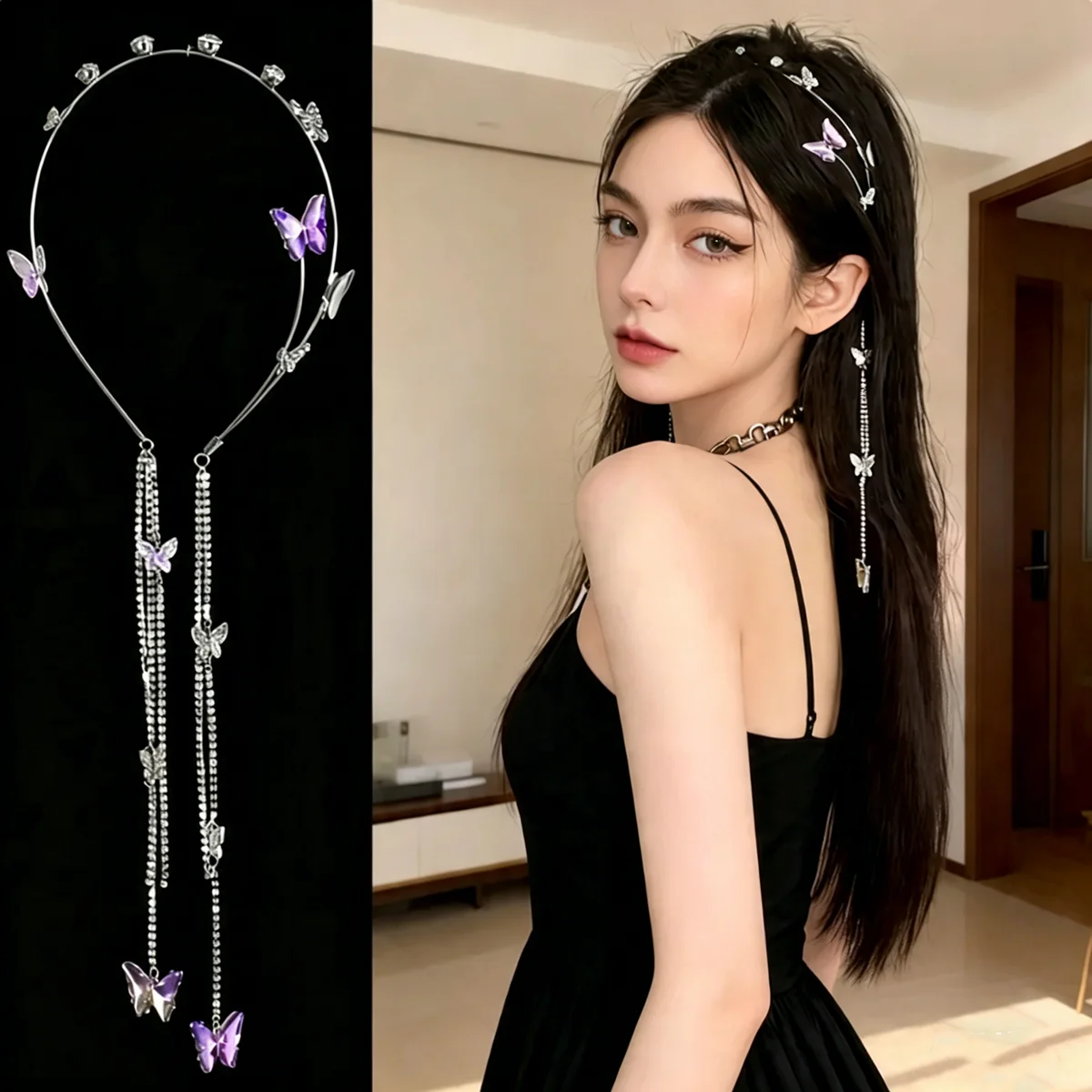 Pearl Butterfly Tassel Headband for Women Crystal Rhinestone Handmade Wedding Headdress Headband WomanHair Accessories Tiara