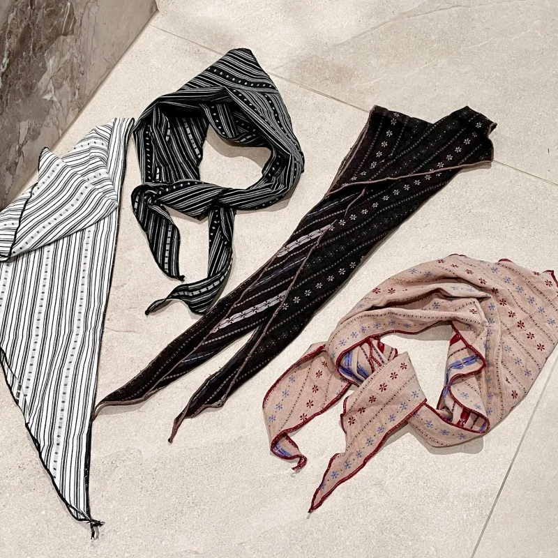 Women Vintage Floral Striped Scarf Breathable Cotton Linen Blend Triangle Neck Kerchief Boho Chic Headwrap & Necklace Scarf