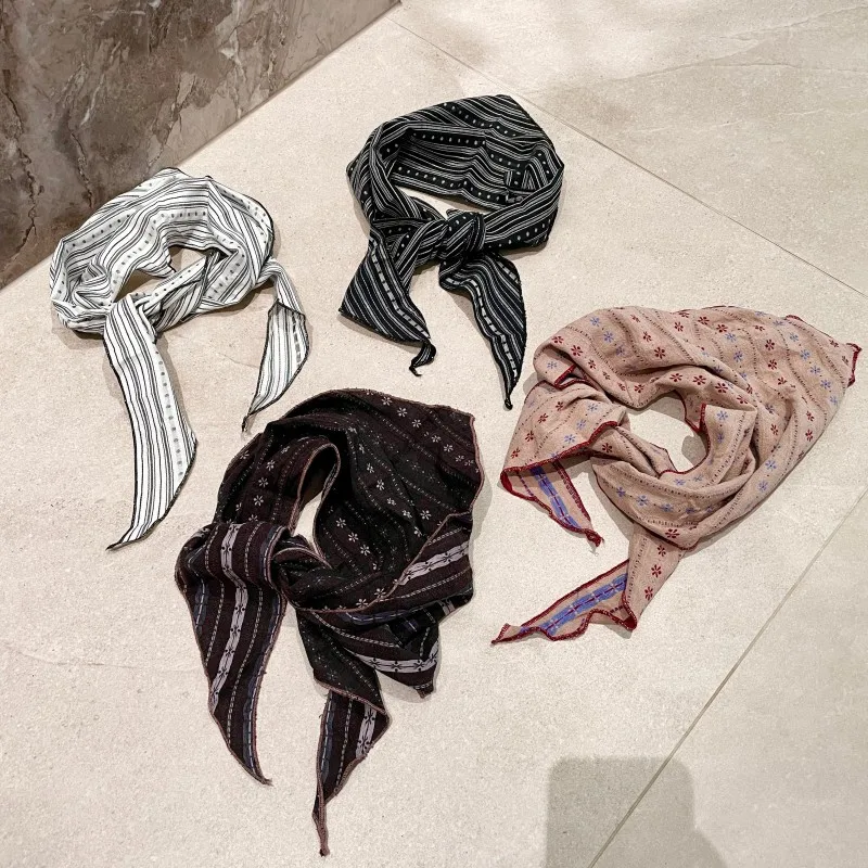 Women Vintage Floral Striped Scarf Breathable Cotton Linen Blend Triangle Neck Kerchief Boho Chic Headwrap & Necklace Scarf