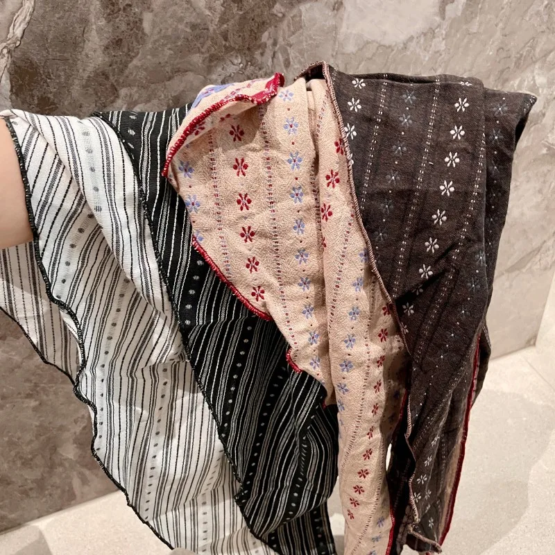 Women Vintage Floral Striped Scarf Breathable Cotton Linen Blend Triangle Neck Kerchief Boho Chic Headwrap & Necklace Scarf