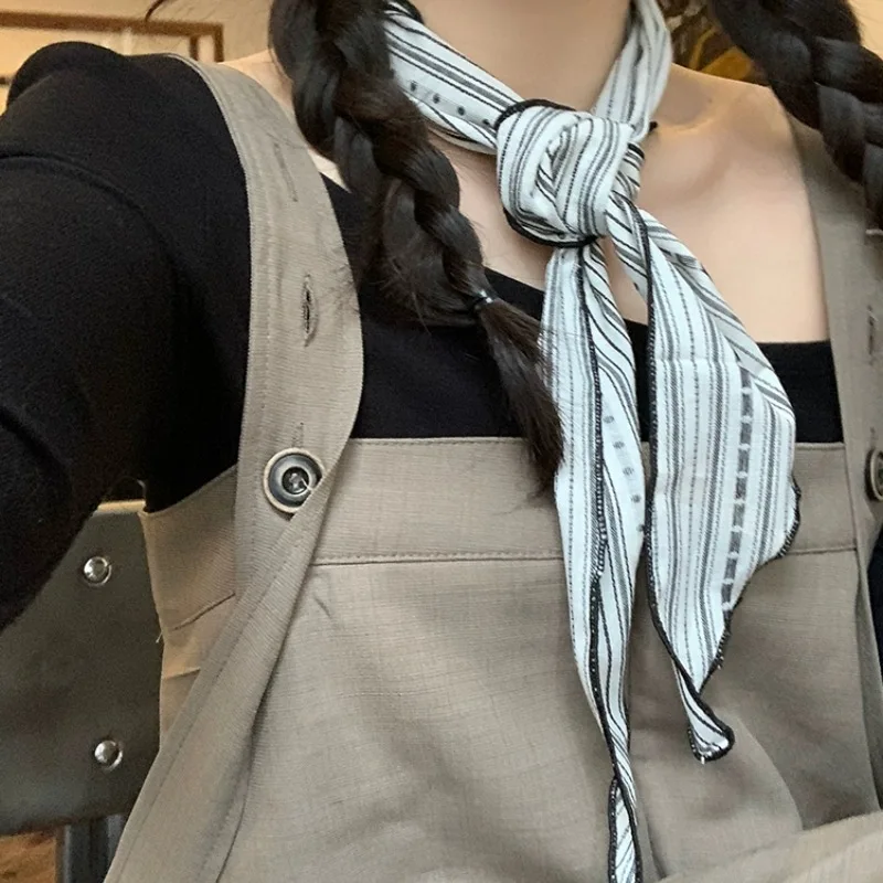 Women Vintage Floral Striped Scarf Breathable Cotton Linen Blend Triangle Neck Kerchief Boho Chic Headwrap & Necklace Scarf