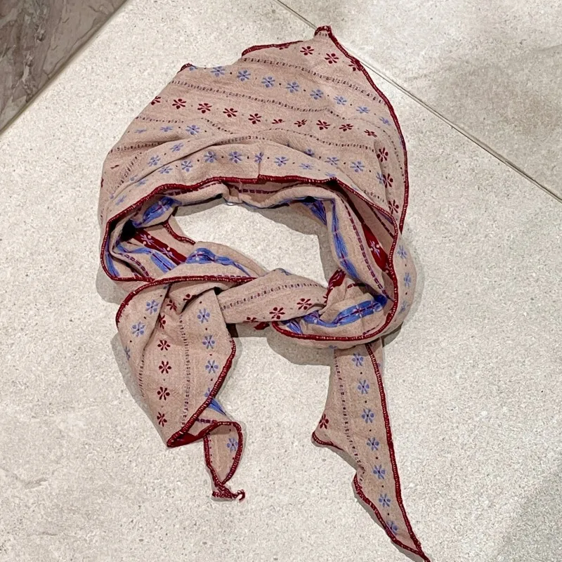 Women Vintage Floral Striped Scarf Breathable Cotton Linen Blend Triangle Neck Kerchief Boho Chic Headwrap & Necklace Scarf