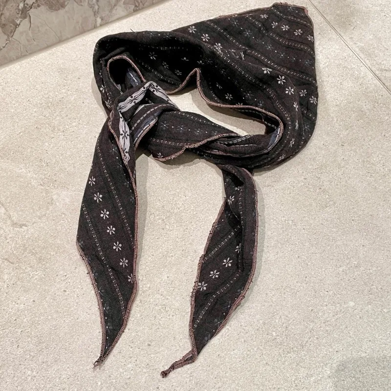 Women Vintage Floral Striped Scarf Breathable Cotton Linen Blend Triangle Neck Kerchief Boho Chic Headwrap & Necklace Scarf