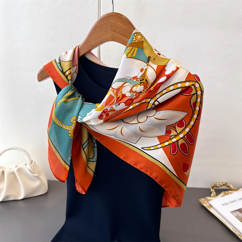 New cartoon emulated silk printed silk scarf shawl neck protection scarf decorative luxury women's scarf