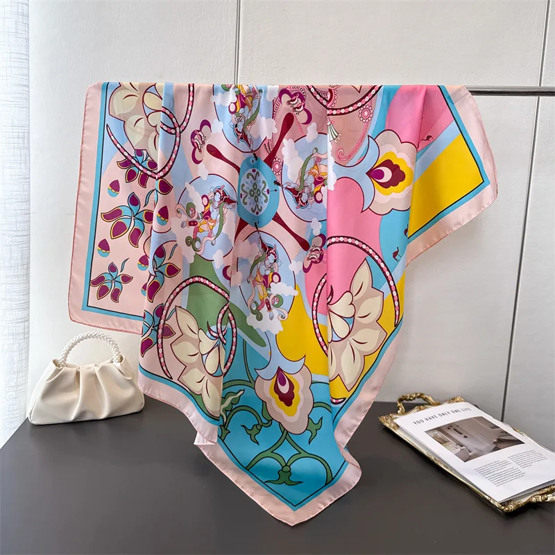 New cartoon emulated silk printed silk scarf shawl neck protection scarf decorative luxury women's scarf
