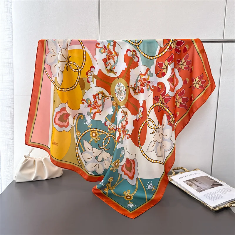 New cartoon emulated silk printed silk scarf shawl neck protection scarf decorative luxury women's scarf