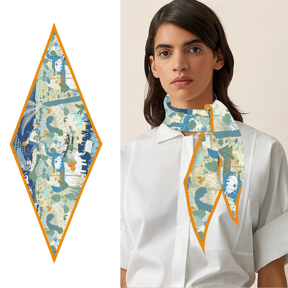 Forest And Animal Printing Diamond Twill Silk Scarf Woman Luxury Bandana Headband Hijab Foulard Neckerchief Shawl For Ladies